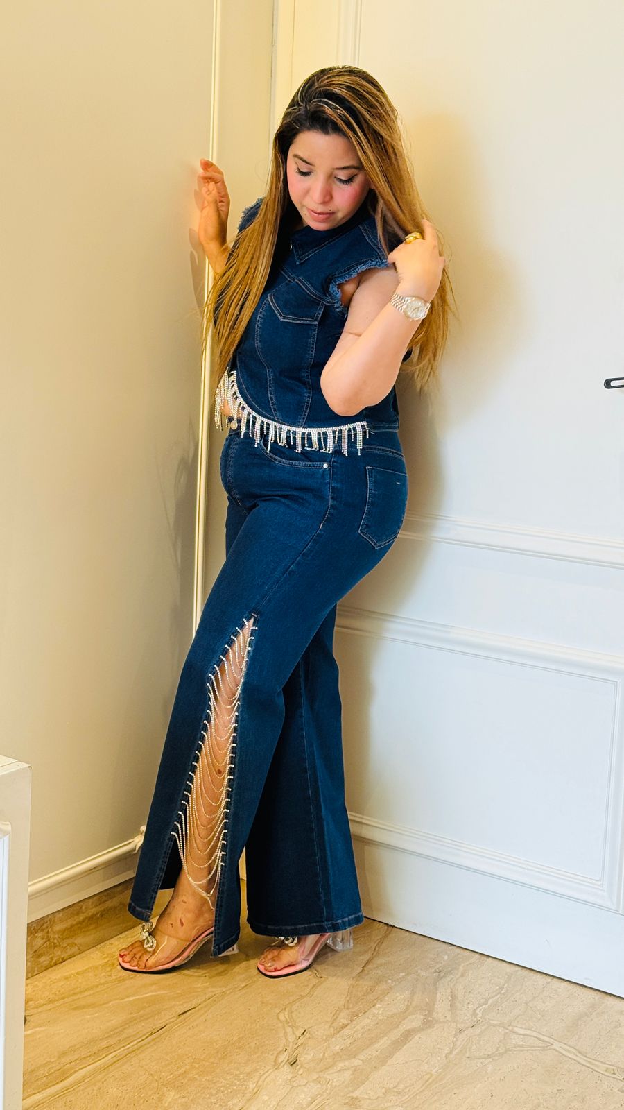 Pearl Waist Denim- Blue, Navy